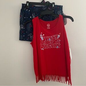 Sweet Land of Liberty Fringe Tank Top and Blue Fireworks Shorts Set